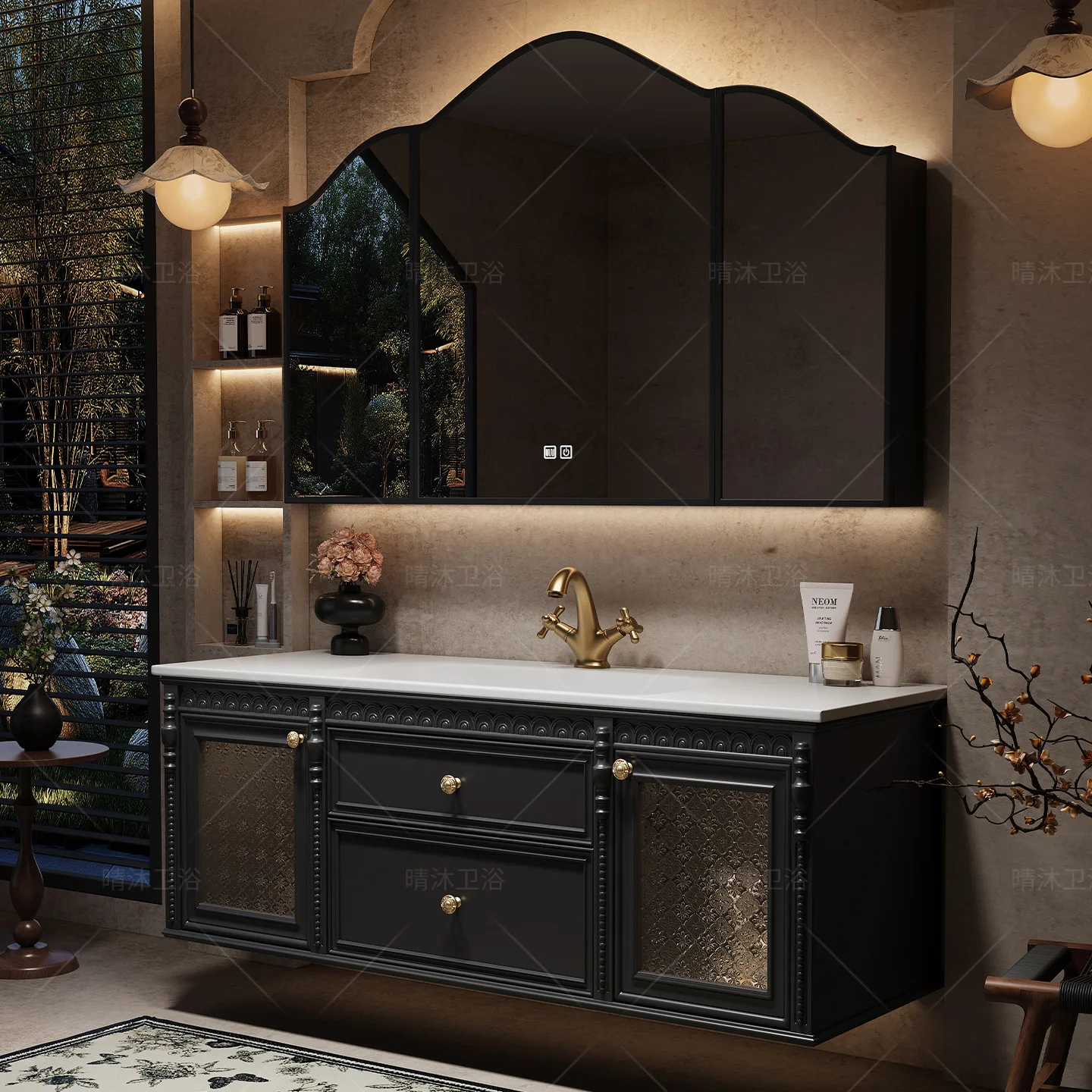 Factory Direct 2026 French antique bathroom cabinet combination oak bathroom washbasin washbasin rock slab hot bending integrate