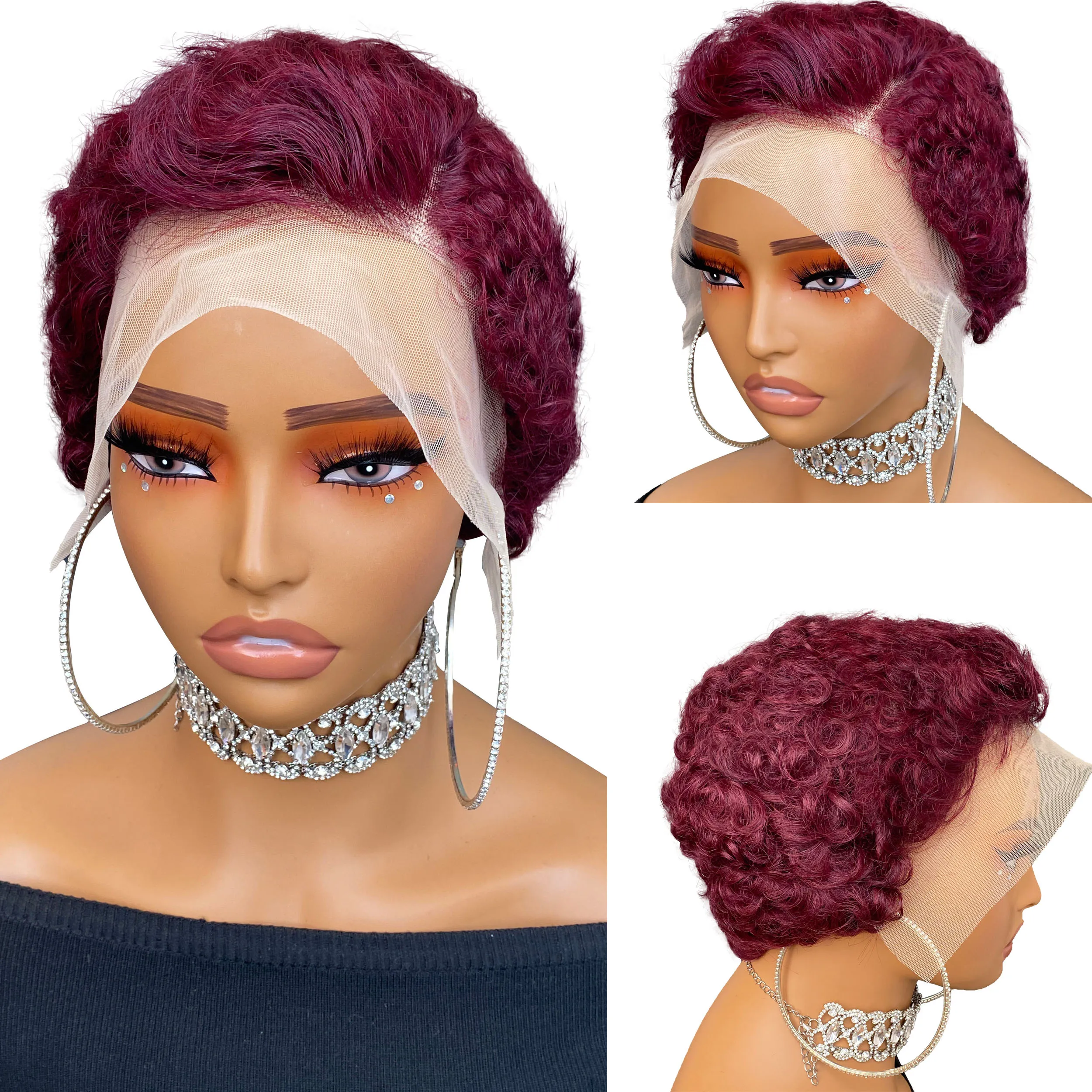 วิกผมบ๊อบสั้นทรงพิกซี่ ทำจากผมแท้  แบบลูกไม้ 13*4  ทรงแอฟโฟรหยิกฟูแบบบราซิล สำหรับผู้หญิง