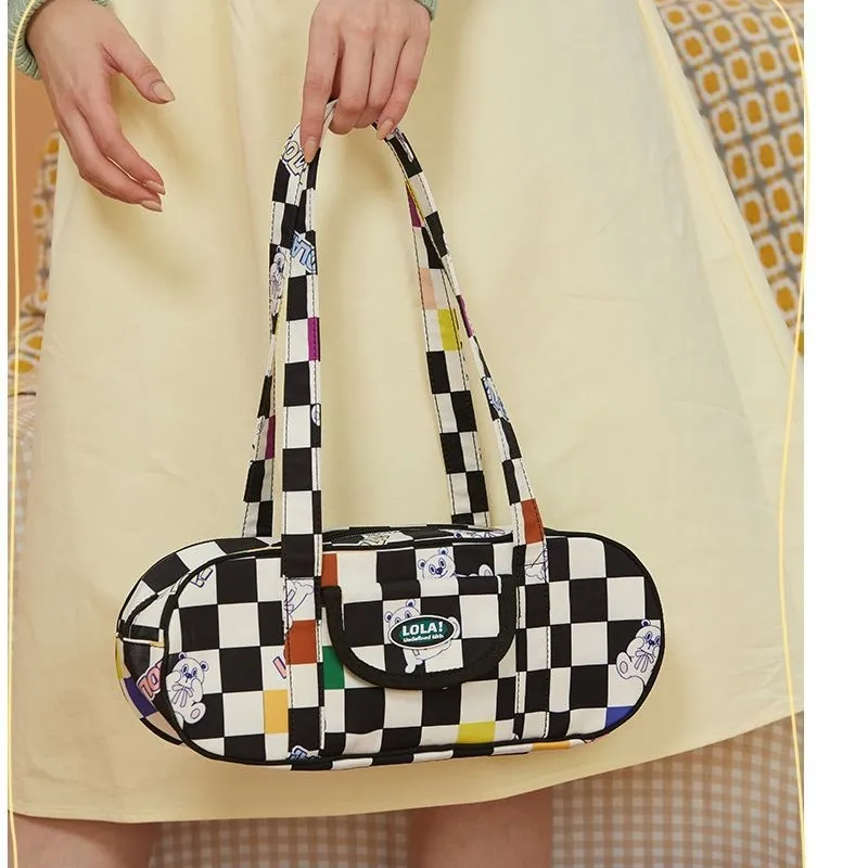 

JIAERDI Chessboard Shoulder Bag Women Soft Cute Cartoon Bear plaid Baguette Bag Ladies High Street Chic Y2K Underarm Bag 2025
