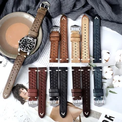 Handmade Cowhide Vintage Watchband 20mm 22mm 24mm Genuine Leather Watch Band Porous Breathable Bracelet Watch Strap Brown