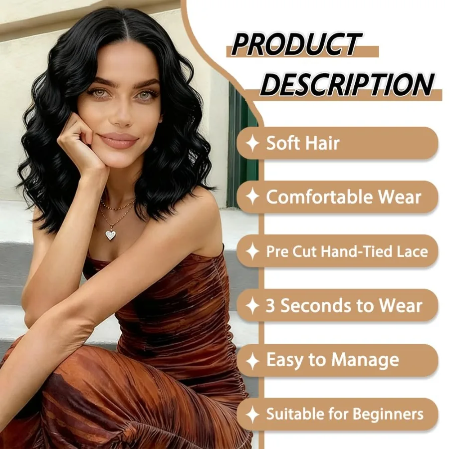 باروكة صناعية قصيرة مموجة مع دانتيل مربوط يدويًا مسبقًا للنساء خط شعر طبيعي وتصميم الجزء الأوسط 14 بوصة على طراز بوب طبيعي مع