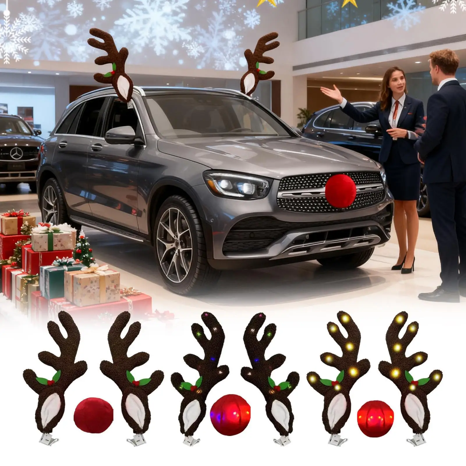 Christmas Car Decor Light Up Reindeer Antler With Nose Christmas Car Exterior Decoration For Automotive Truck Vehicle SUV