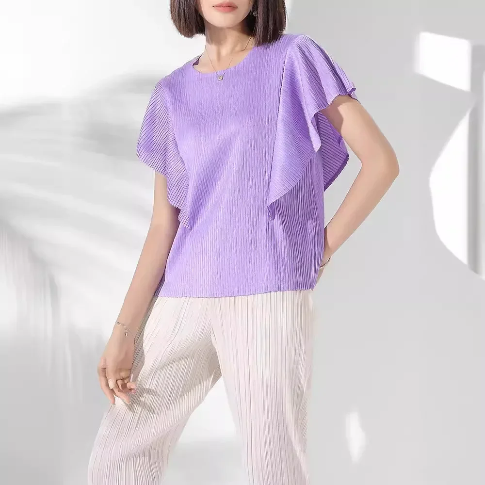 Miyake Pleated 2024 Summer New Commuter Large Size T-shirt Women's Round Neck Bat Short-sleeved Loose Solid Color Versatile Top