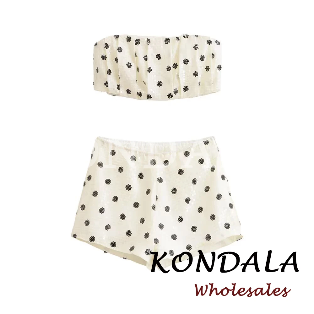 

KONDALA Fashion 2026 Spring Elegant Dot Women‘s Suit Strapless Pleated Short Vest+Zipper Sashes Mini Shorts Female Vintage Sets