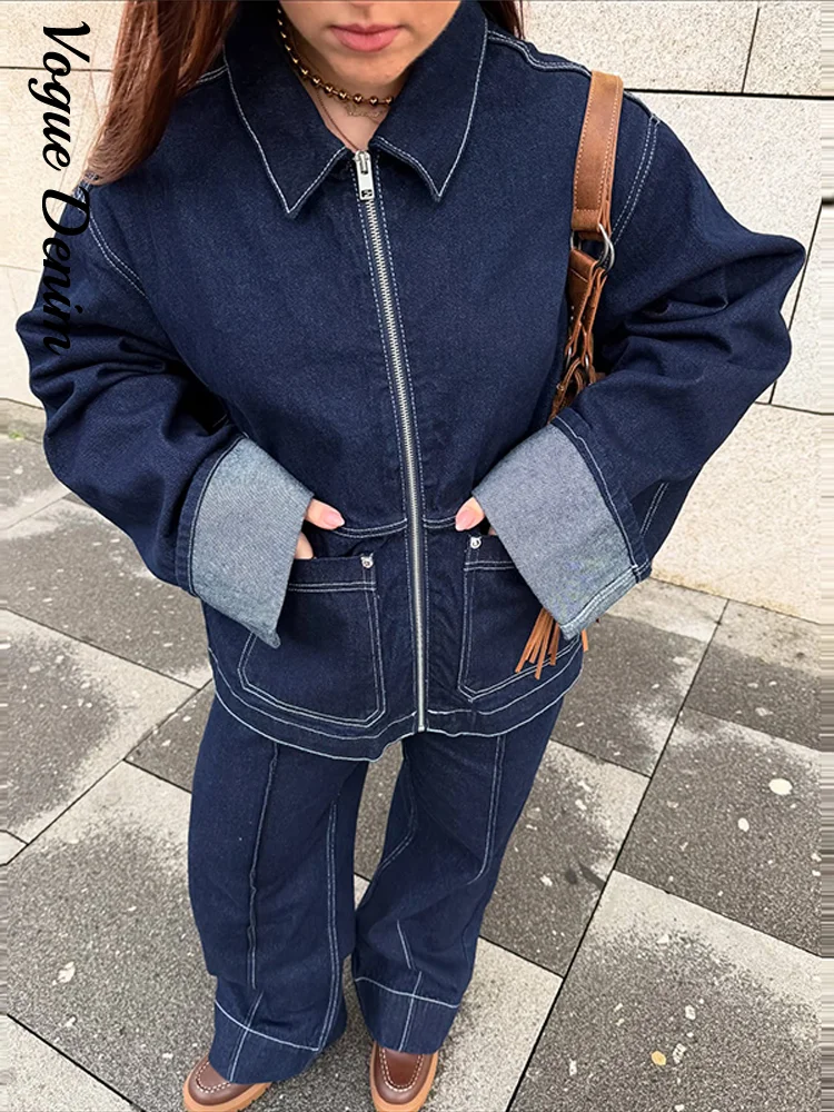 Pantalones vaqueros para mujer, conjunto de dos piezas con bolsillos y cremallera, abrigos de manga inversa, pantalones vaqueros básicos rectos con dobladillo prensado, trajes informales para mujer