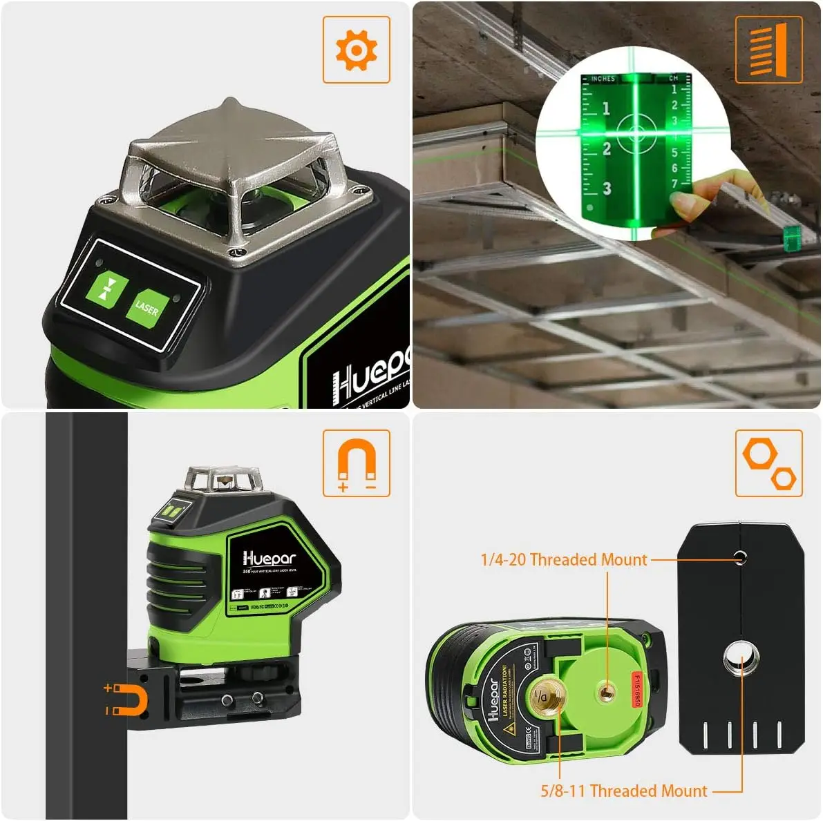 Huepar Self-Leveling Green Beam Laser Level Cross Line with 2 Plumb Dots 360° Horizontal Line Plus Large Fan Angle of Vertical