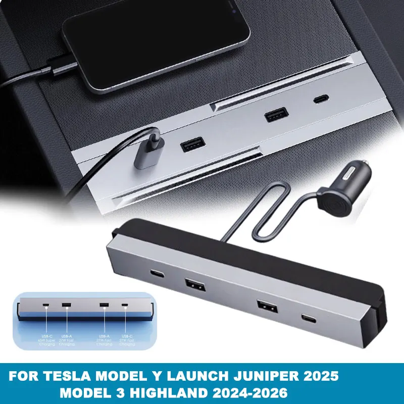

65W Fast Charging Type-C USB HUB Central Control Expansion Dock for Tesla Model Y Launch Juniper 2025 Model 3 Highland 2024-2026