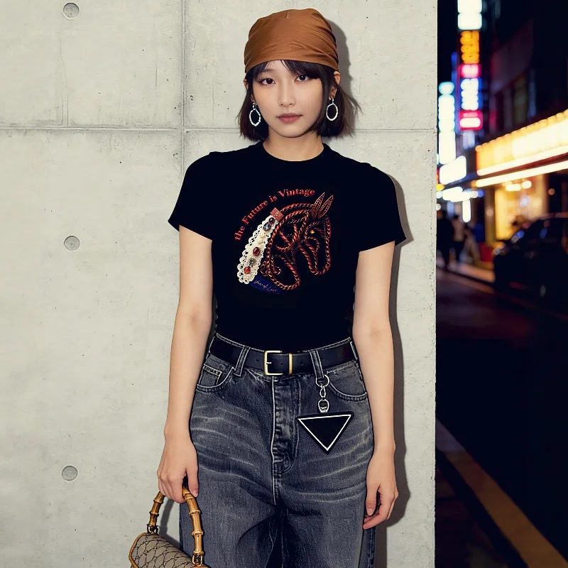 

Модная женская футболка с принтом «Голова лошади» (знаком зодиака), круглым вырезом и коротким рукавом, повседневный трендовый топ