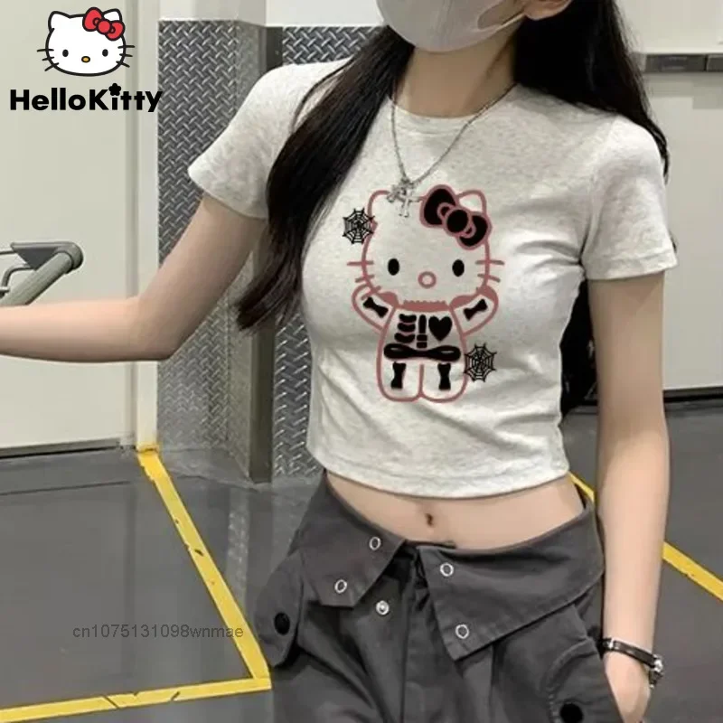 American Hello Kitty Short T-shirt for Women Sanrio Trend Streetwear Punk Style Hallwoeen Skeleton Tees Summer Crop Tops Clothes