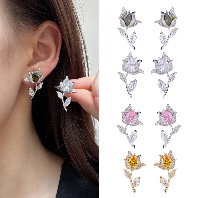 

yellow pink green white flower earrings zirconia jewelry cute stud earrings daily wear dinner party women gift