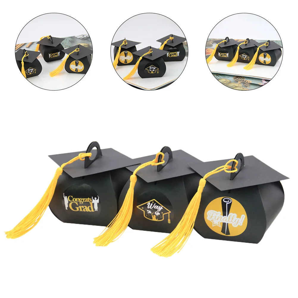 48 Pcs Graduation Cap Gift Boxes Sticker Decorated Chocolate Black Cases Exquisite Patterns Creative Designs For Classmates