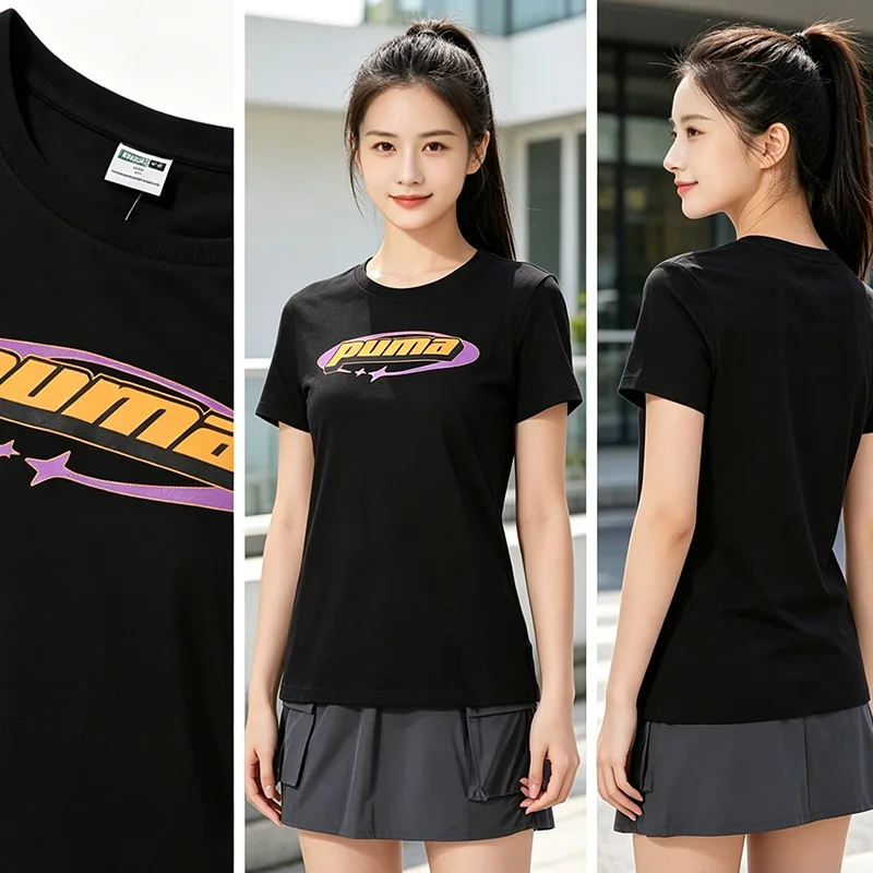 

Женская черная футболка PUMA, новинка лета 2026, модель 630565-01, с круглым вырезом, свободного кроя, из хлопка, с коротким рукавом, спортивная