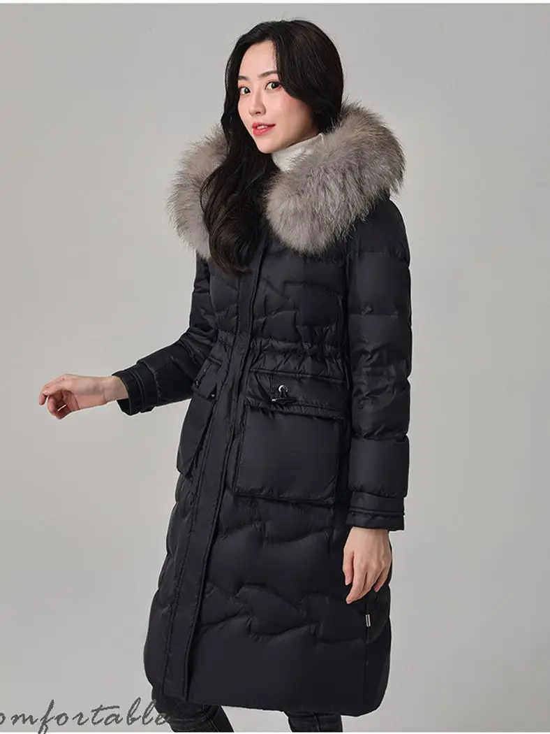 Spot Real Fur Collar Winter Women\'s Big Fluffy Down Coat Female Oversized Thicker Warm Down Jacket Hooded Down Parkas wy1022