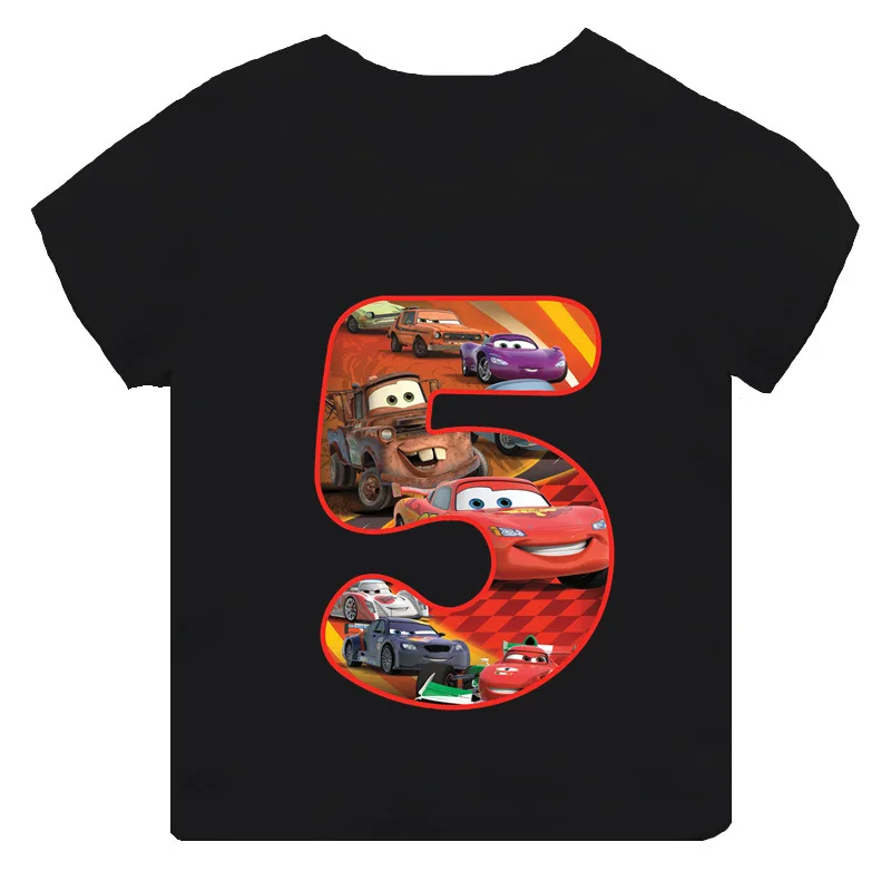 Car Pixar Lightning McQueen Number 1-9 Printed T-Shirt Solid Color Playful Short Sleeve Neat Cotton Top Uniquely Designed Cloth