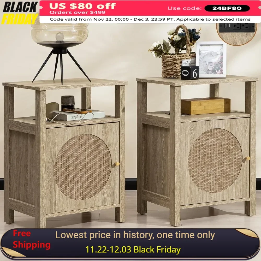 Solid Wood End Table, Rattan Nightstand Set of 2,Wooden Farmhouse Bedside End Table with Storage,Storage End Tables