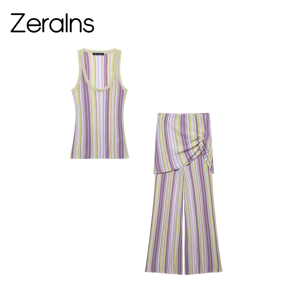 

ZERAINS Women's 2026 new sleeveless round neck striped vest top striped knitted long skirt pants set