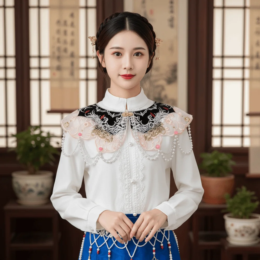 Chinese Style Hanfu Collar Embroidery Design Floral Pattern Embroidered Shawl Tassels Pearl Horse-face Skirt Yunjian Collar