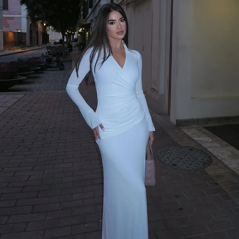 

Fashionable Slim Dresses Solid Color Temperament Elegant Daily Commuting Style Long Dress Long Sleeves Pleated Waist Clothes