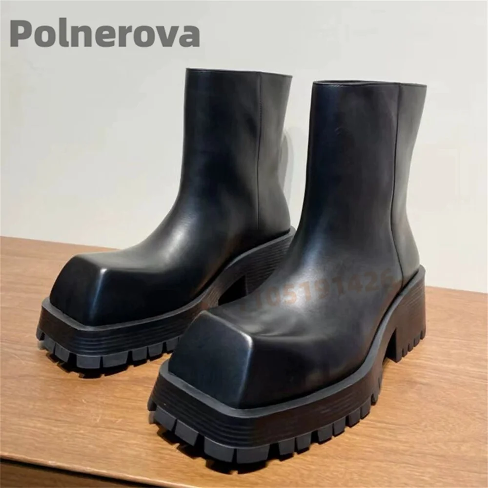 Square Toe Thick Soled Motorcycle Boots Women Men Chunky Platform Black Leather Slip On Chelsea Boots British Style Unisex Shoes