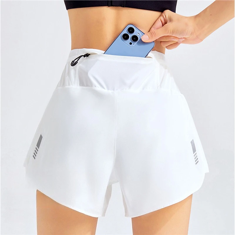 Vintage/Retro White Women's High Waist Running Shorts with Built-in Liner Tummy Control Butt Lifting Seamless Ribbed Squat