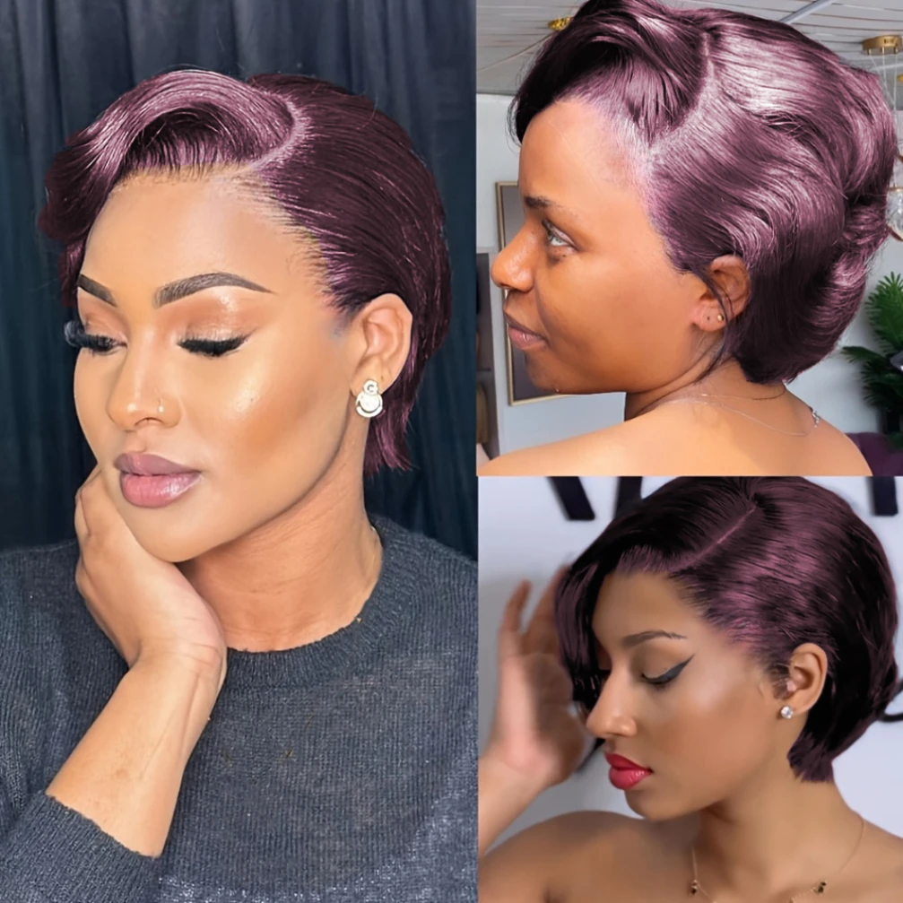 13x4透明レースフロントウィッグ人毛ストレートボブウィッグピクシーカットウィッグ生え際処理済み150%密度8インチウィッグカラーウィッグ