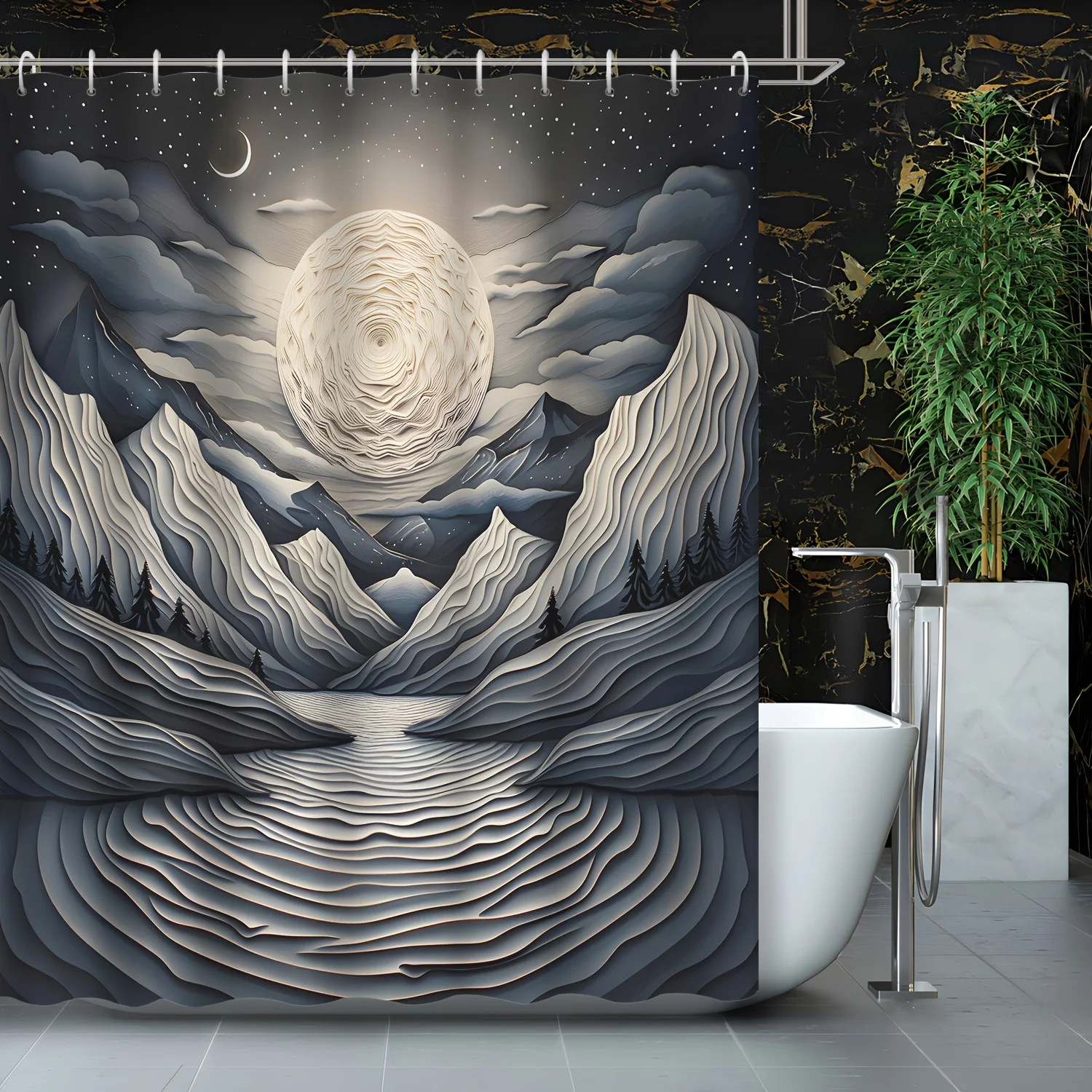 

1 шт., трехмерный эффект, креативное абстрактное искусство, геометрические линии, звездное небо, луна, горы, реки, занавеска для душа, 12 крючков