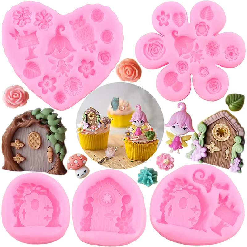 Fairy Garden Gnome Home Door Window Silicone Molds Flower Leaf Mushroom Fondant Cake Decorating Cupcake Candy Chocolate Mould