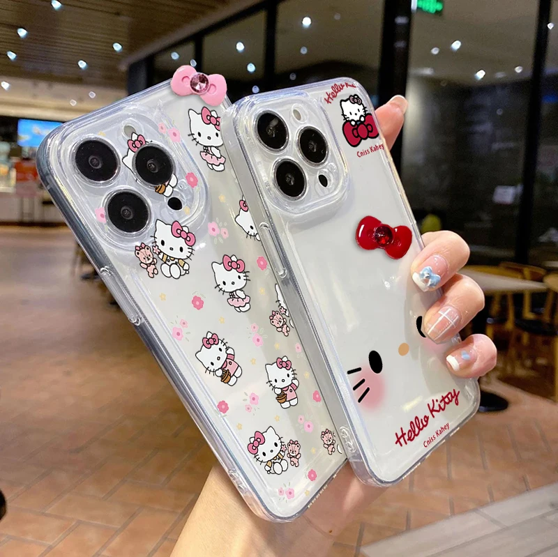 حافظة هاتف هالو كيتي ثلاثية الأبعاد لهاتف آيفون 17 16 برو ماكس 17 اير 16e 15 14 12 13 11 برو ماكس X 16 بلس 13 غطاء صغير شفاف