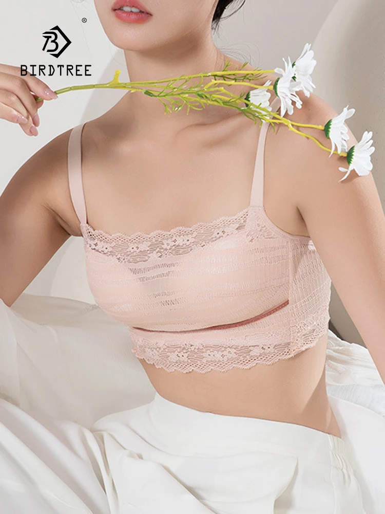 

Birdtree 6A Lining 100%Mulberry Silk Lace Gathered Underwear Thin Sexy Casual Versatile Adjustable Side Closure Bra P3N657QC