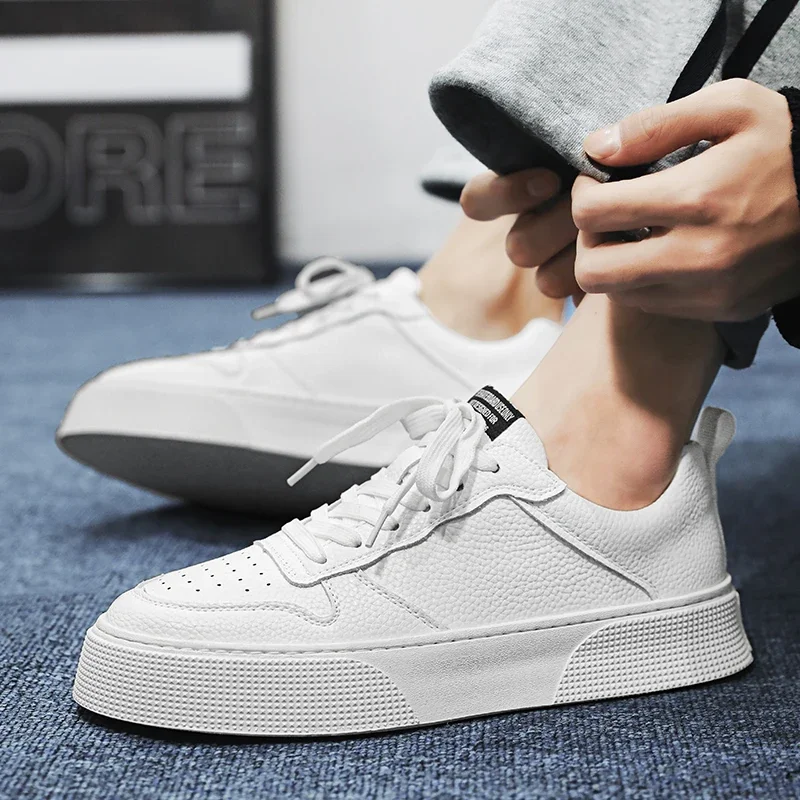 White Shoes for Men Sneakers Spring Low-top Anti-slip Soft Sole Men Shoes Outdoor Lace-up PU Wear-resistant Men's Casual Shoes