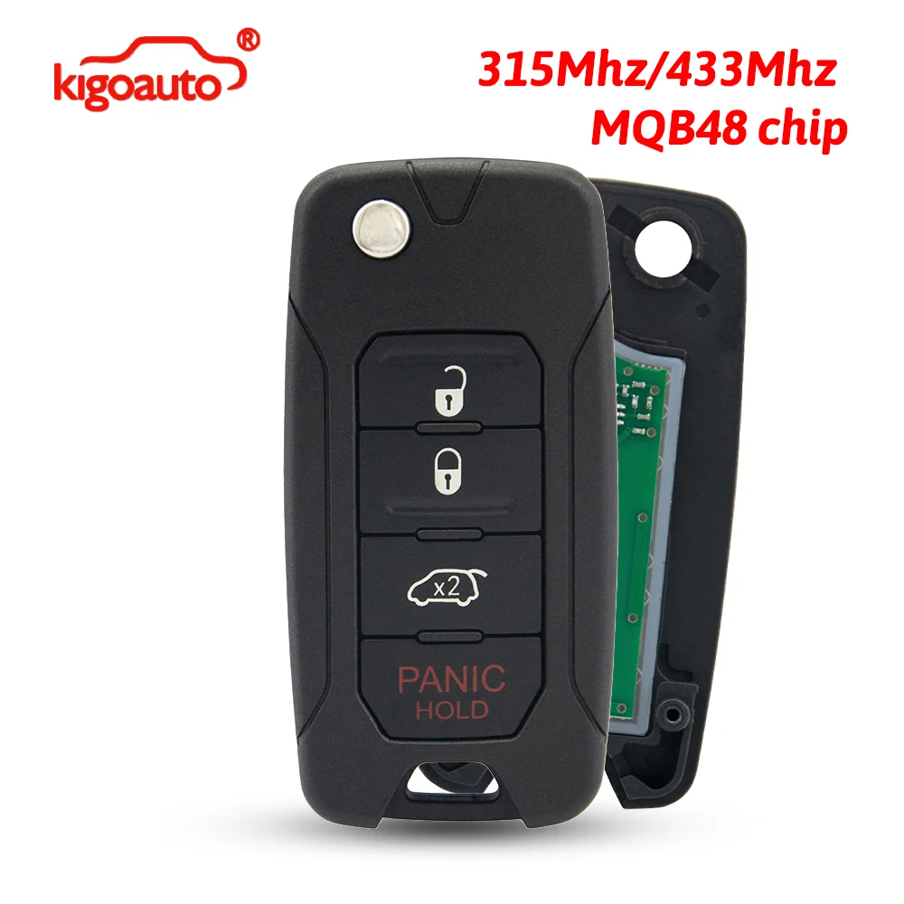 

kigoauto FCC 2ADFTFI5AM433TX Flip key 4 button Hatch 433Mhz MQB48 SIP22 blade for Jeep Renegade 2015-2020 PN FI5-AM433TX