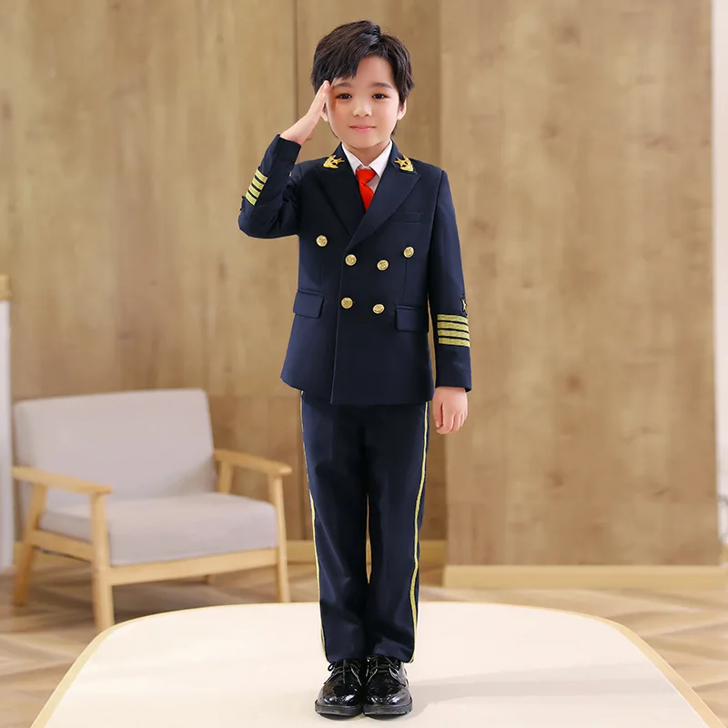 

Child Captain Pilot Dress Suit Set Autumn And Winter Boy British Handsome Uniform Peformance Costume Kids Jacket Pants Clothes