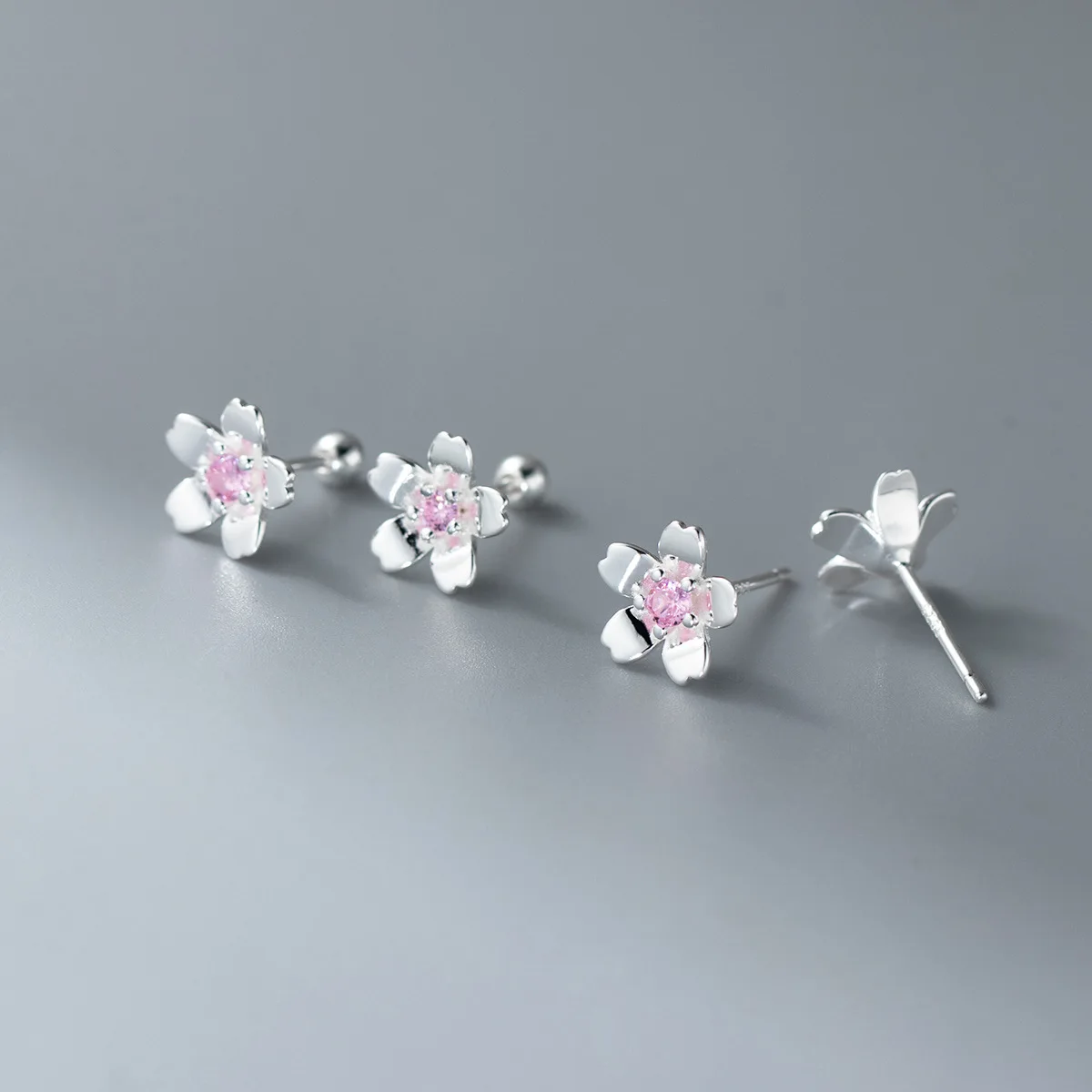 S925 Sterling Silver Fresh and Sweet Design Pink Diamond Five-petal Flower Threaded Mini Cherry Blossom Earrings M07234