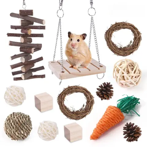 Natural Small Pet Chew Toys for Rabbit, Guinea Pig, Hamster Grass Balls Wood Hanging Toys, Teeth Grinding & Boredom Relief
