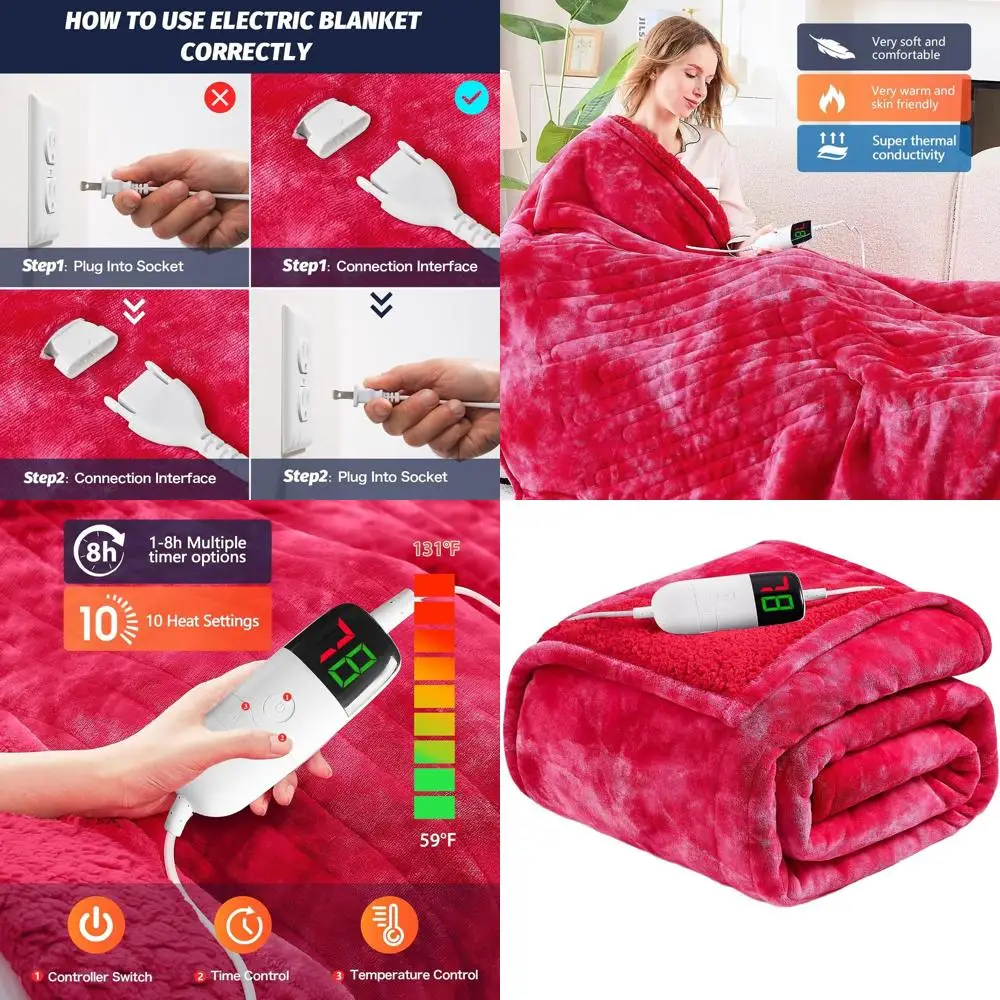 بطانية كهربائية من الفرو الصناعي، مؤقت 5 أوضاع و10 مستويات حرارية، 72 × 84 أحمر لدفء سرير الأريكة المريحة #1