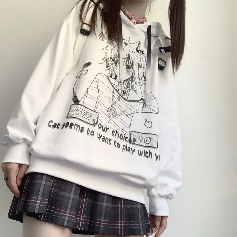 Japanese White Anime Print Long Sleeve Sweatshirt Women Preppy Style Pullovers Loose Sudaderas Kawaii Hooded Tops Y2k Spring