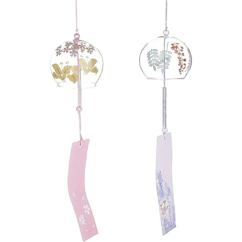 2PCS Japanese Wind Chimes Pink & Purple Glass Wind Bells Handmade Pendants for Birthday Gift, Home Christmas Party Decorations