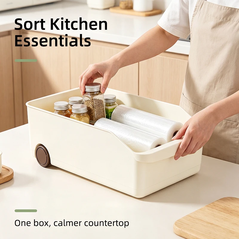 Plastic Storage Bins With Wheels, Roll Out Organizer Bins, Large Capacity Open Storage Containers For Kitchen, Pantry, Bathroom, Cabinet & Freezer Organization