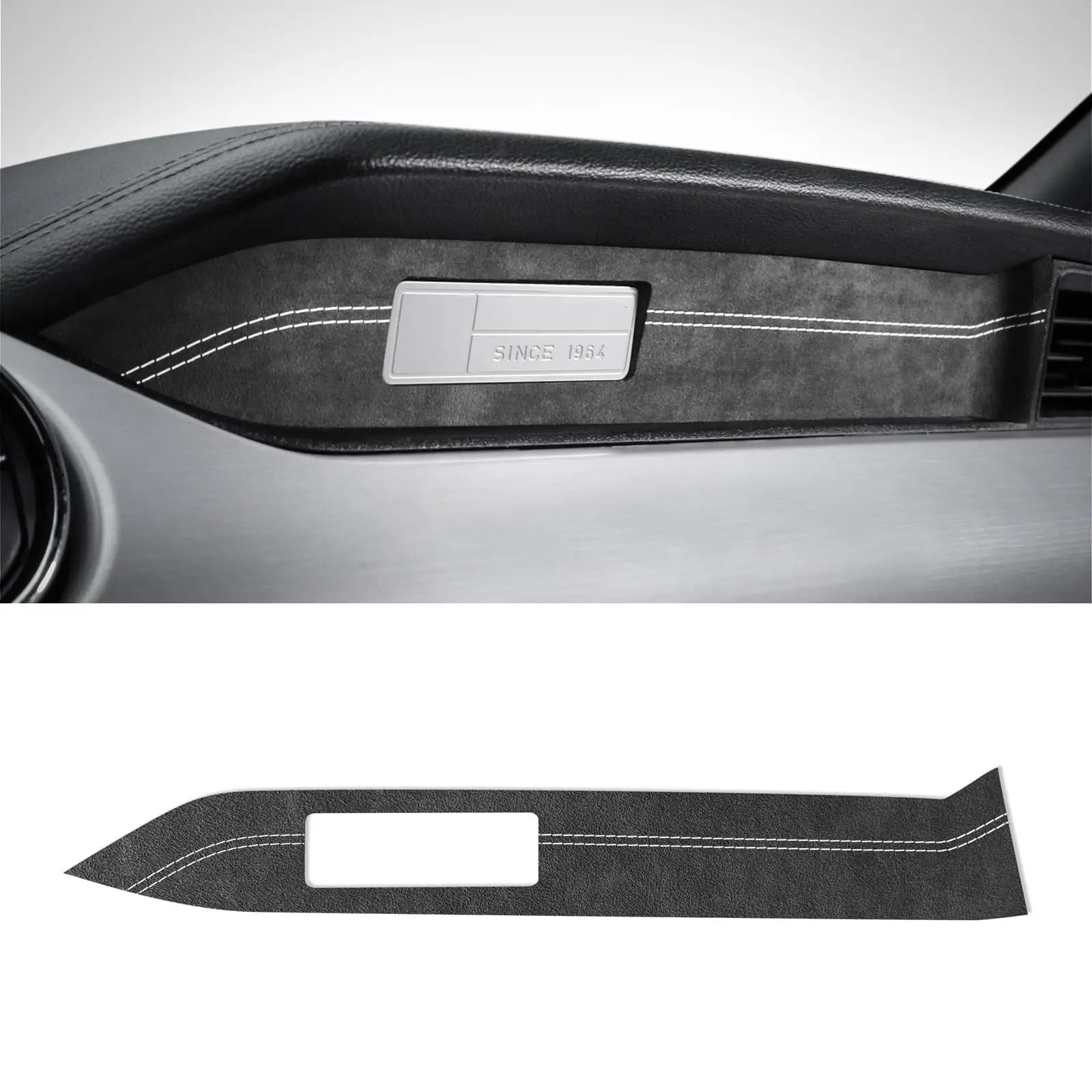

Suede Dashboard Trim Sticker For Ford Mustang 2015-2023 Passenger Side Panel With White Stitching