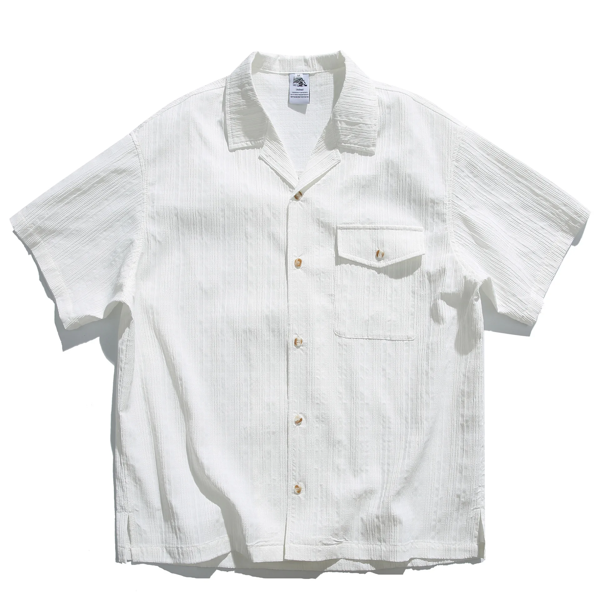 

2026 Vacation Style Japanese Retro Workwear Short Sleeved Shirt Men's and Women's Loose Cuban Collar Five Quarter Sleeve Lining