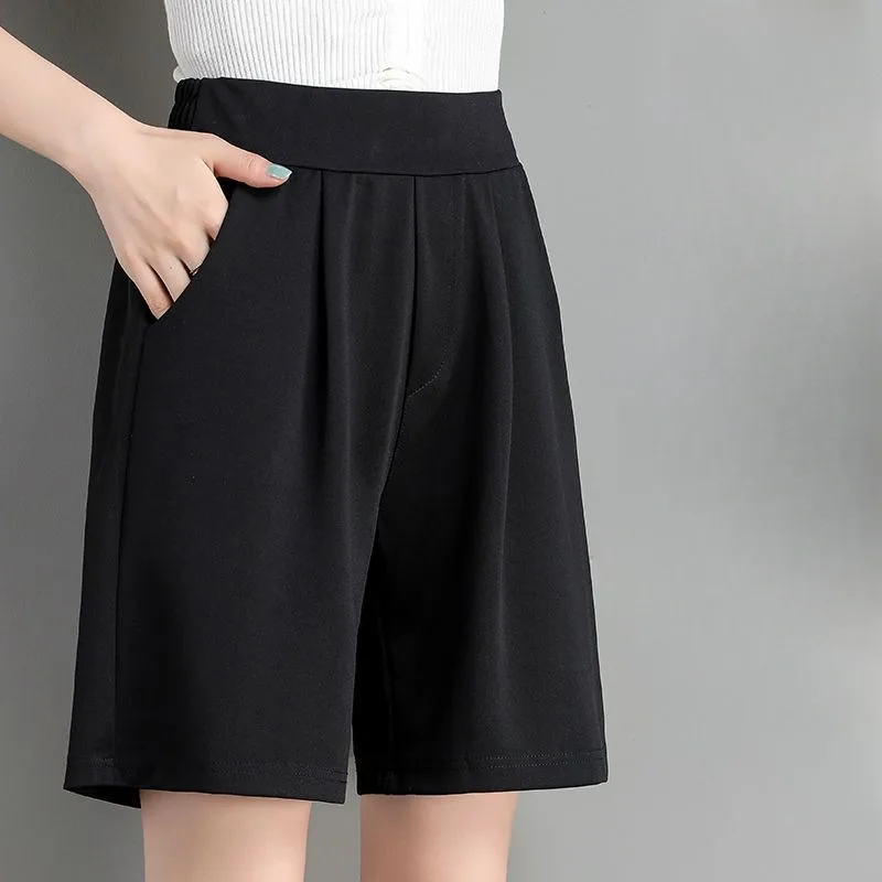 

Shorts for Women Black Bermuda Half Mid Length Knee Elastic Waist Wide Stretchy Outdoor Short Pants Woman To Wear New in Normal