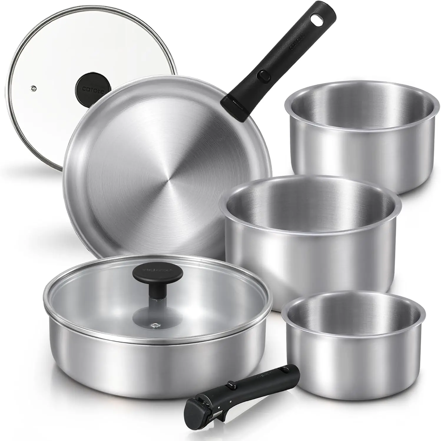

Pots and Pans Set, Stainless Steel Cookware Set Detachable Handle, 9pcs Induction Kitchen Cookware Sets with Removable Handle,