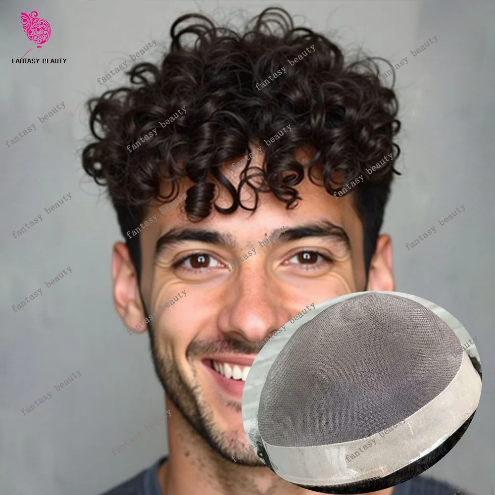 

25mm/20mm Curly Men's Toupee Durable Mono NPU Male Hair Prosthesis Breathable Human Hair Handmade Hair System For Man With Knots