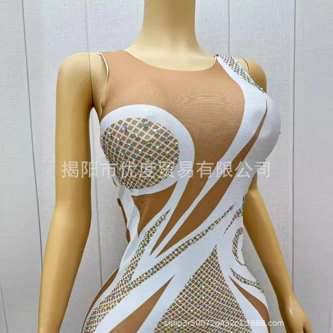 Sleeveless Tight Glam Bright Perspective Mesh Rhinestone Birthday Party Night Jumpsuit Performance AB Color Party Dresses Luxury