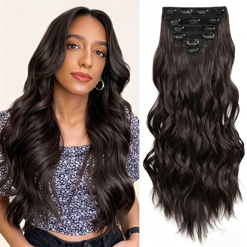 Clip In Hair Extension 6 PCS Full Head 20 Inch Long Curly Wavy Synthetic Hair Pieces Natural Wavy For Women Girl Daily Hairstyle