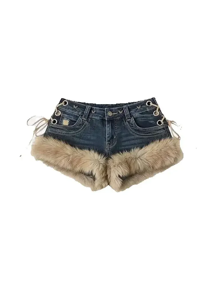 Women Low Rise Denim Shorts Y2K 2000s Kpop Faux Fur Patchwork Pants Harajuku High Street Kpop Gyaru Coquette