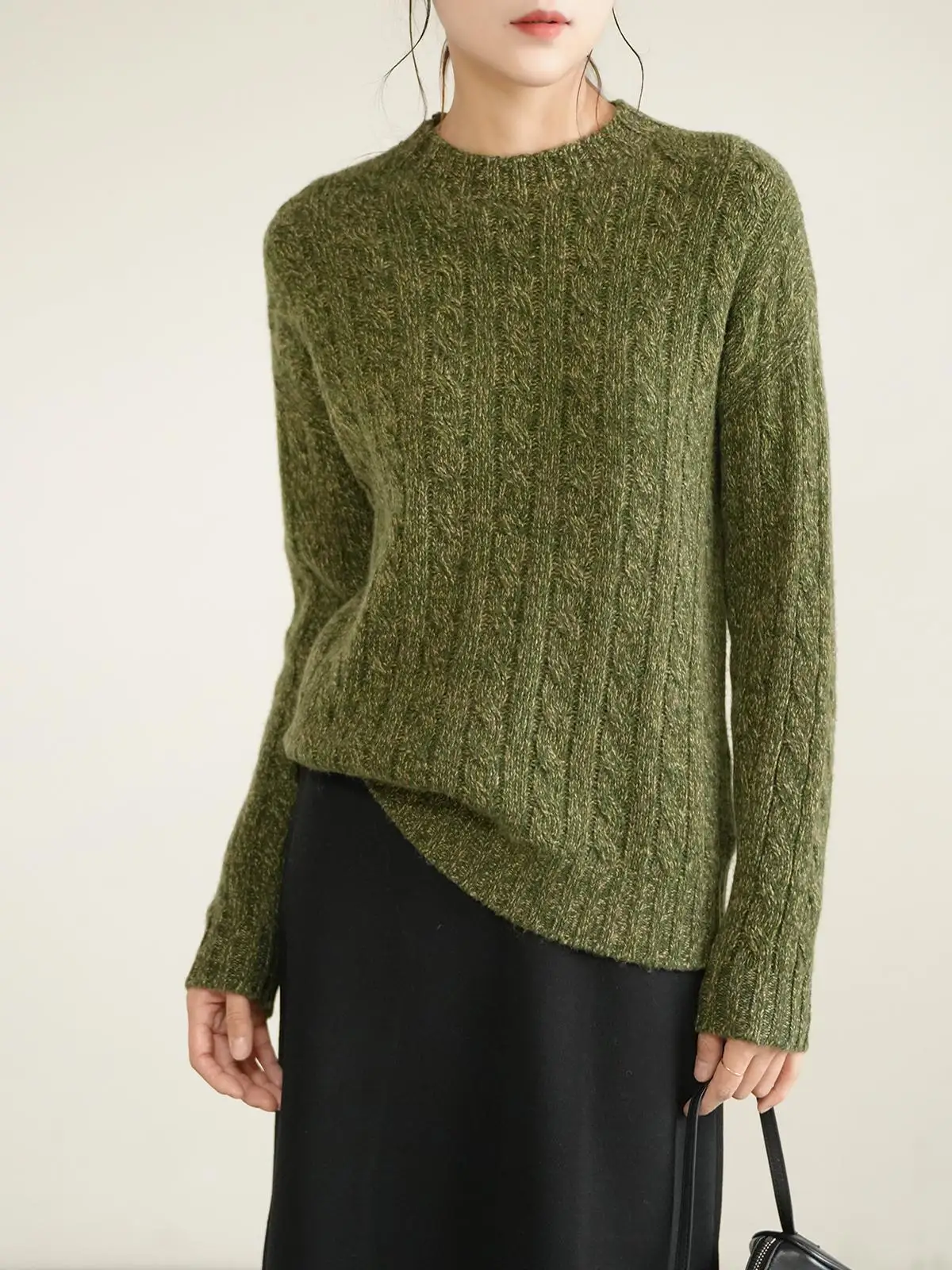 

Женский вязаный свитер с круглым вырезом из 100% шерсти, двусторонняя пряжа из 26 нитей, теплый базовый слой, зимний, стандартная длина