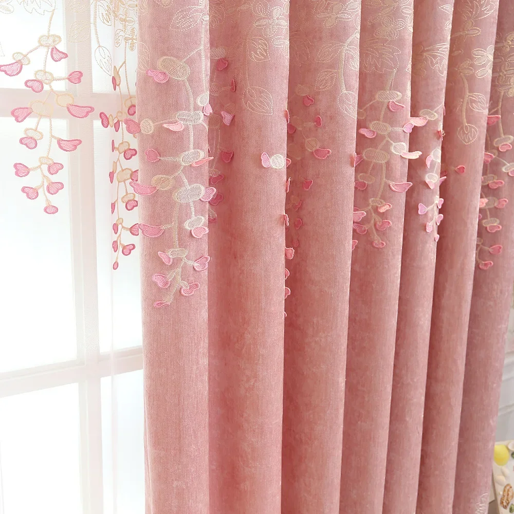 Princess Curtains for Living Dining Room Bedroom Simple European Style Fashion Embossed Chenille Lace Pink Curtains for Girls