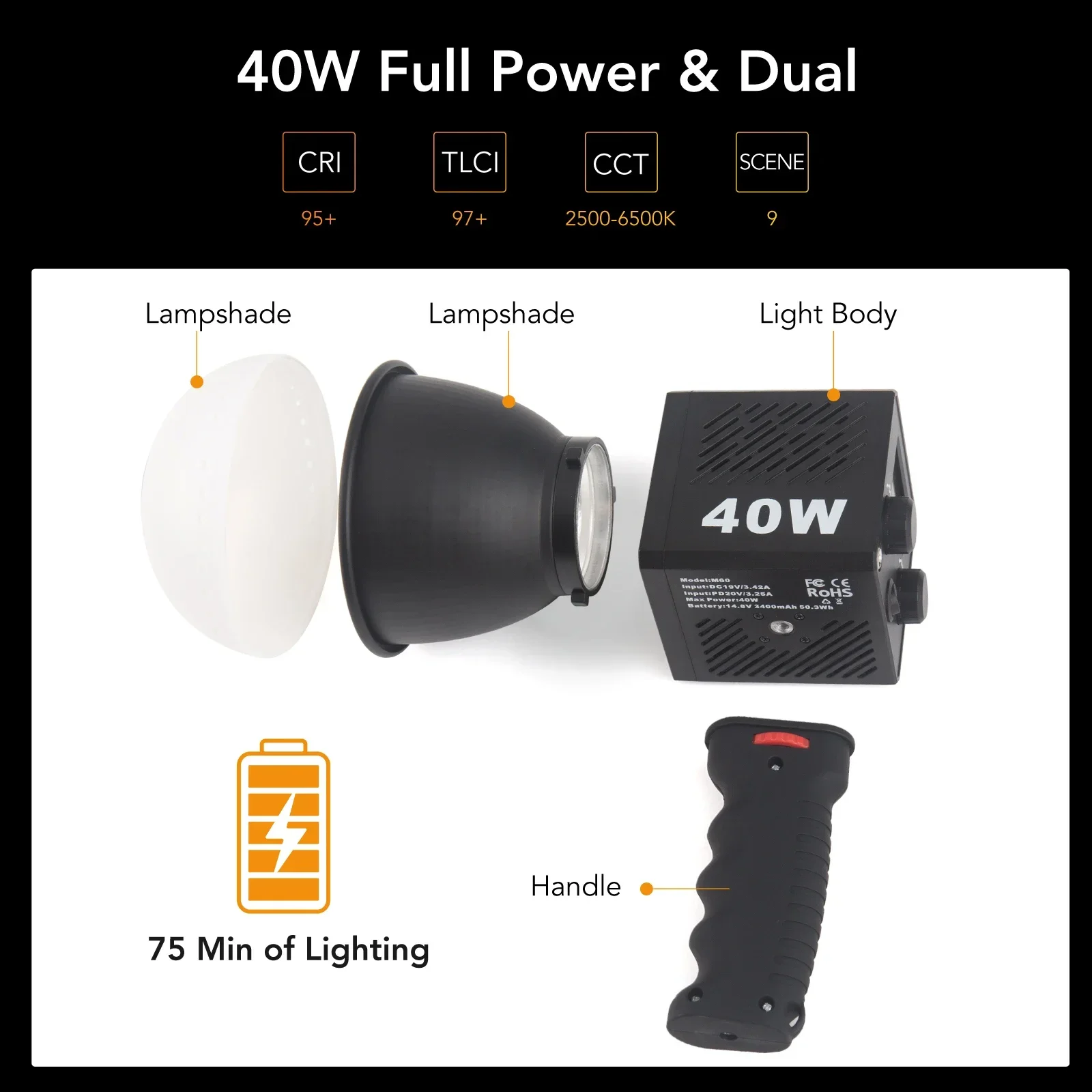 M60 Handle Photo Studio Light COB Bi-Color CCT 2500-8500K CRI≥95 TLCI≥97 With diffuser LED Video Lights Vlog Shoot Fill Lighting