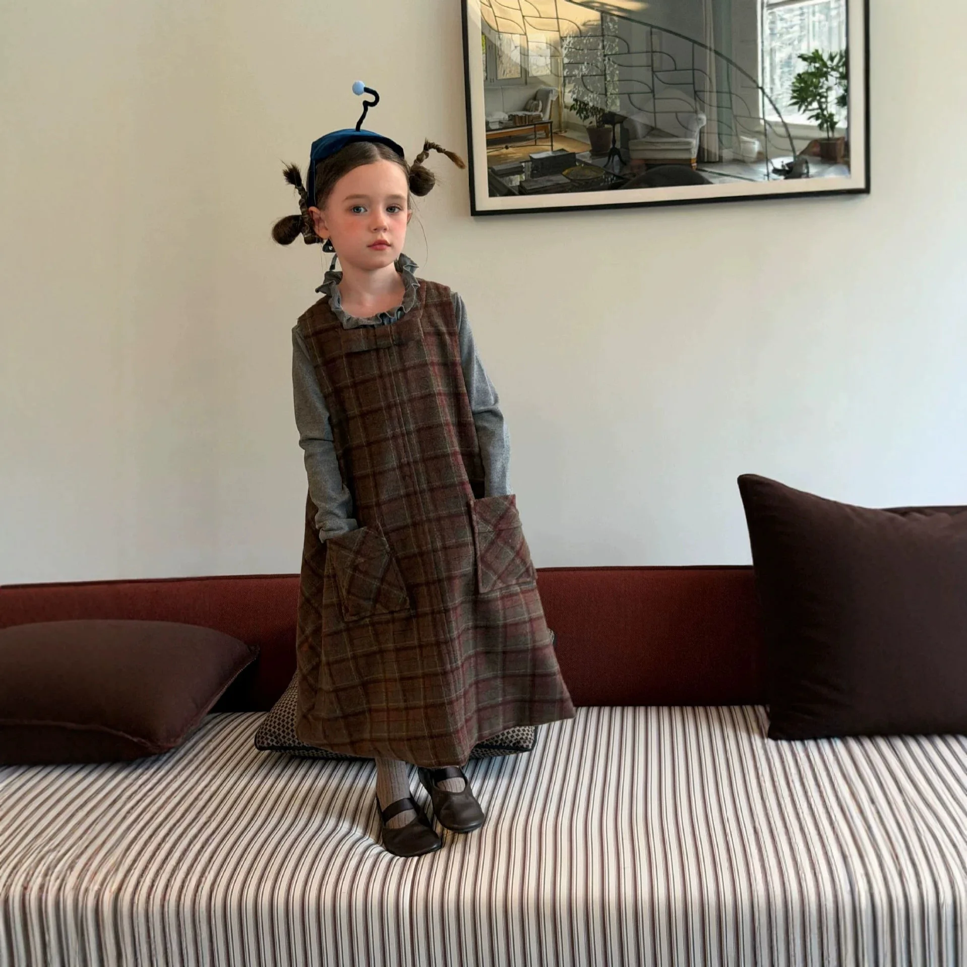 Girls Dress 2026 Spring and Autumn New Children's Clothing Korean Style Girl Baby Temperament Retro Plaids Sleeved Sundress